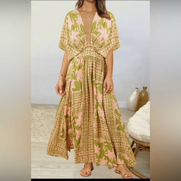 Floral Deep V Dolman Sleeve Split Maxi Long Dress - Picture 3 of 7